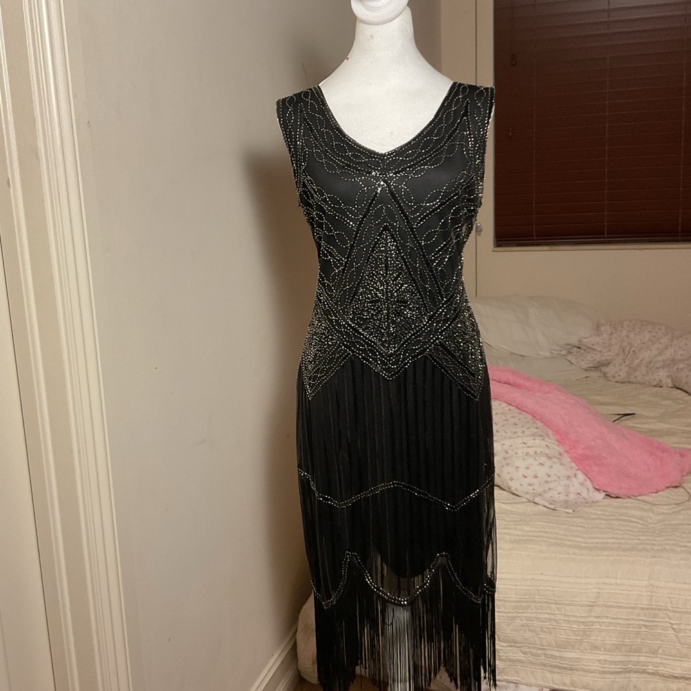 Elegant Black Beaded Fringe Dress